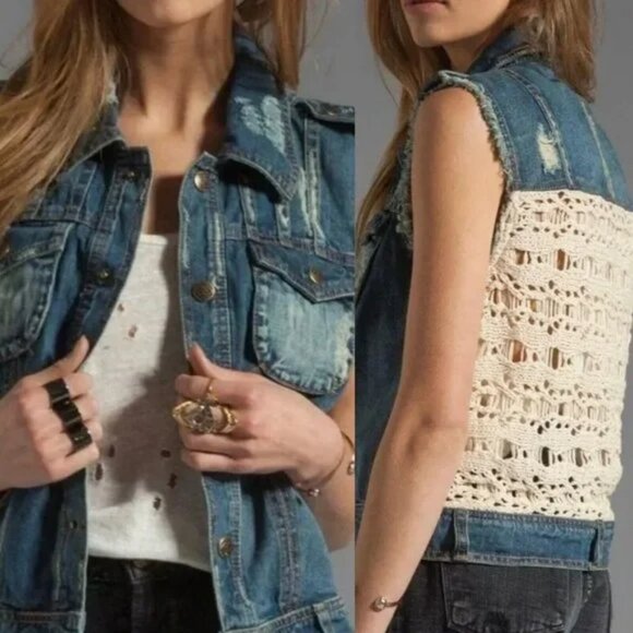 Free People Moody Blue Combo Distressed Denim Crochet Knit Macrame Cargo… - Picture 1 of 15